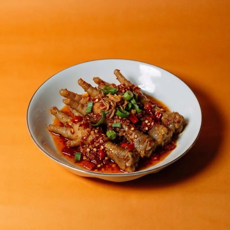 Ceker mercon dengan sambal pedas di mangkuk putih