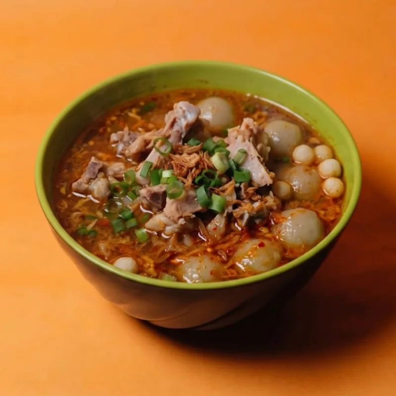 Cilok kuah dalam mangkuk dengan kuah gurih